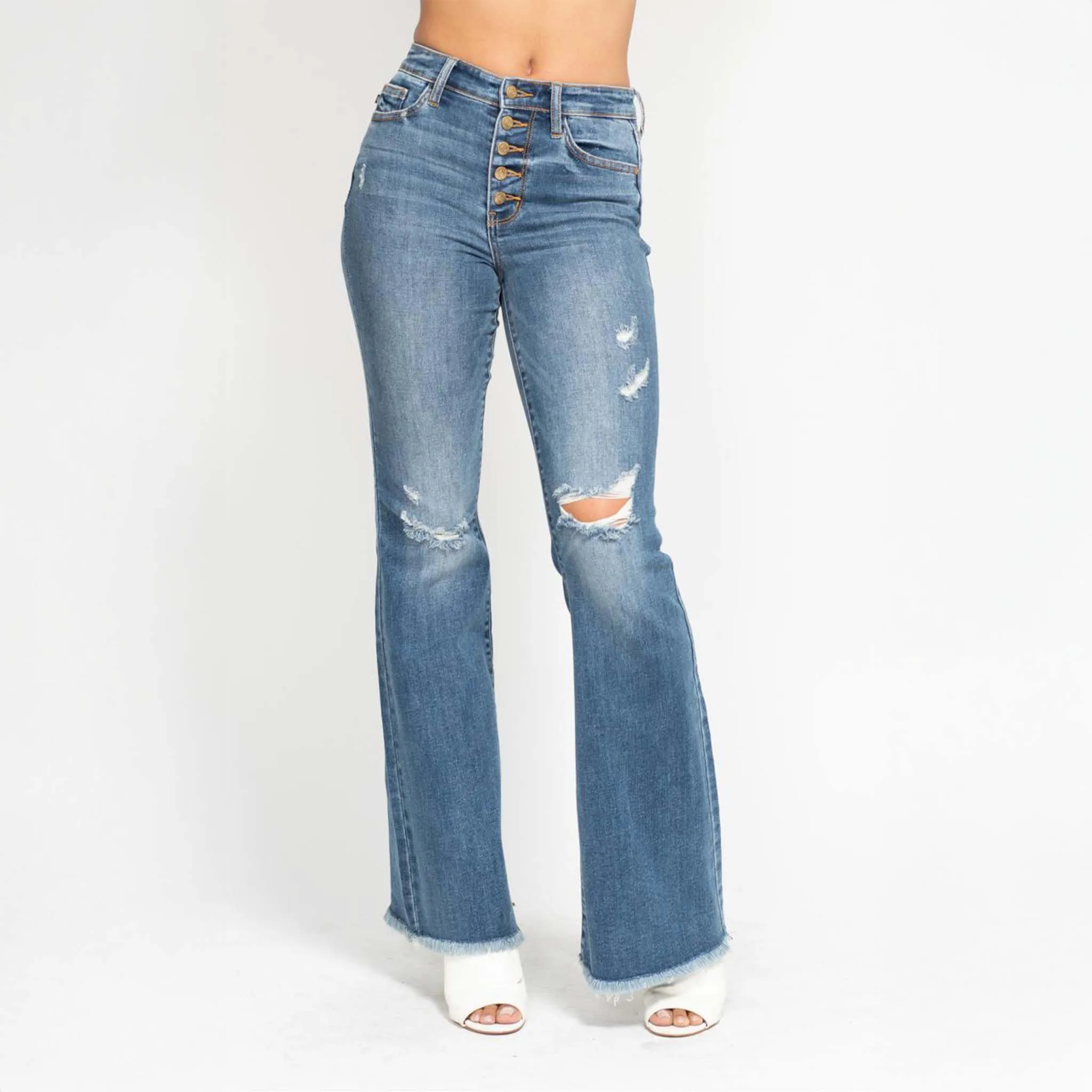 5 Button Distressed Flare Jeans