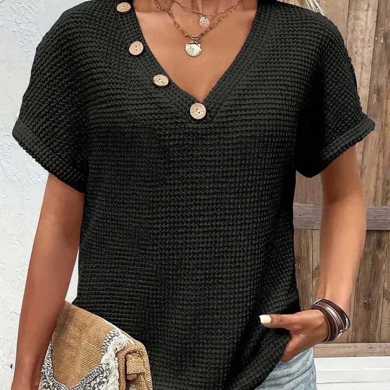 Adina™ elegant V-neck sweater with short sleeves and buttons