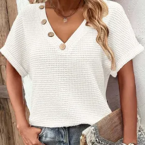 Adina™ elegant V-neck sweater with short sleeves and buttons