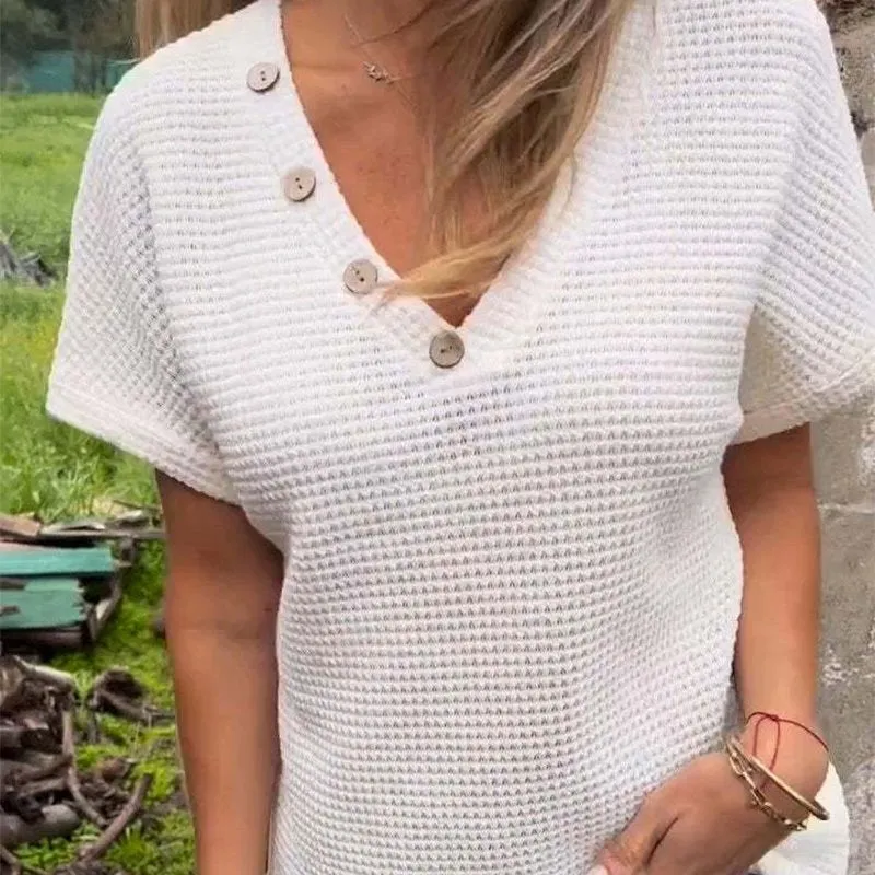 Adina™ elegant V-neck sweater with short sleeves and buttons
