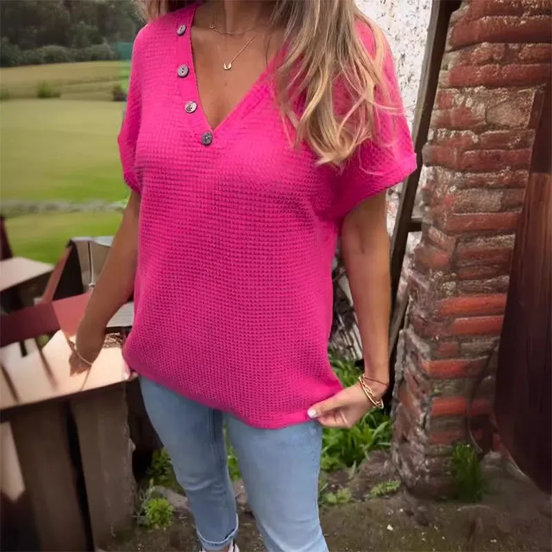 Adina™ elegant V-neck sweater with short sleeves and buttons
