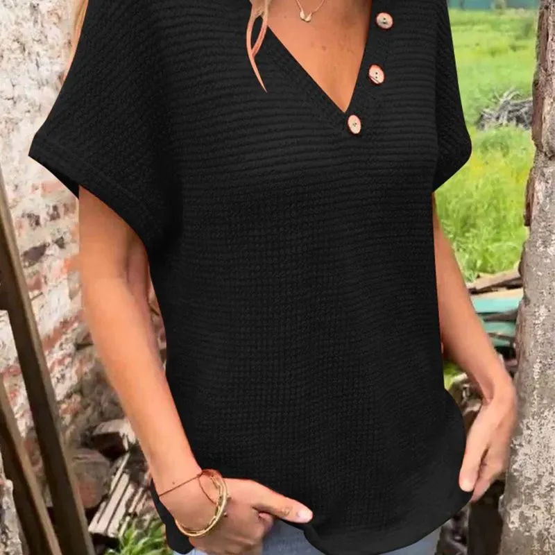 Adina™ elegant V-neck sweater with short sleeves and buttons