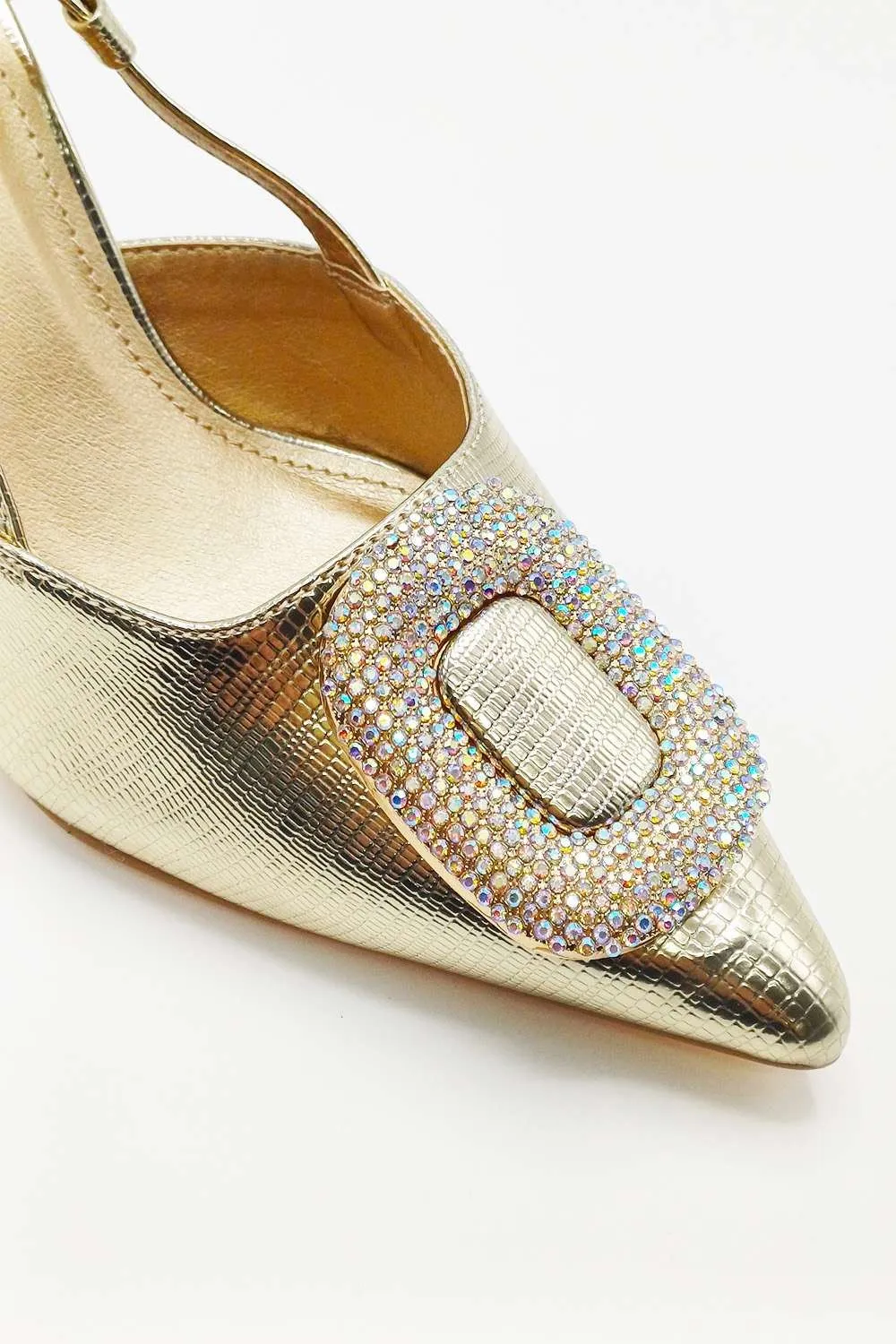 Amia Diamante Brooch Detail Slingback Court Heel in Gold
