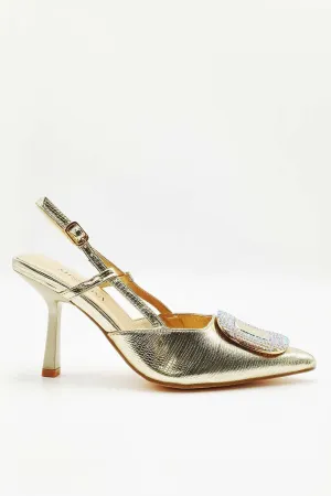 Amia Diamante Brooch Detail Slingback Court Heel in Gold