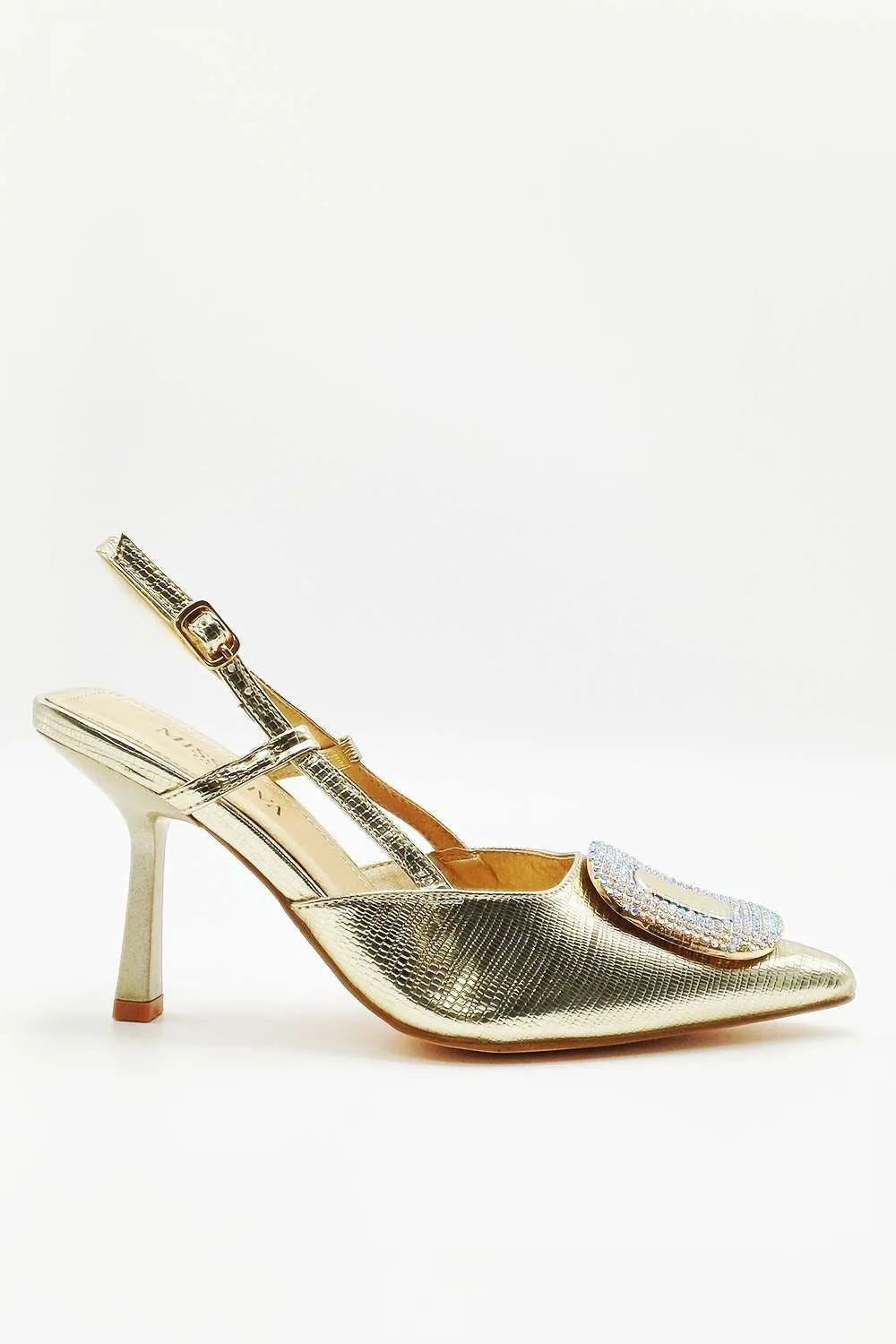 Amia Diamante Brooch Detail Slingback Court Heel in Gold