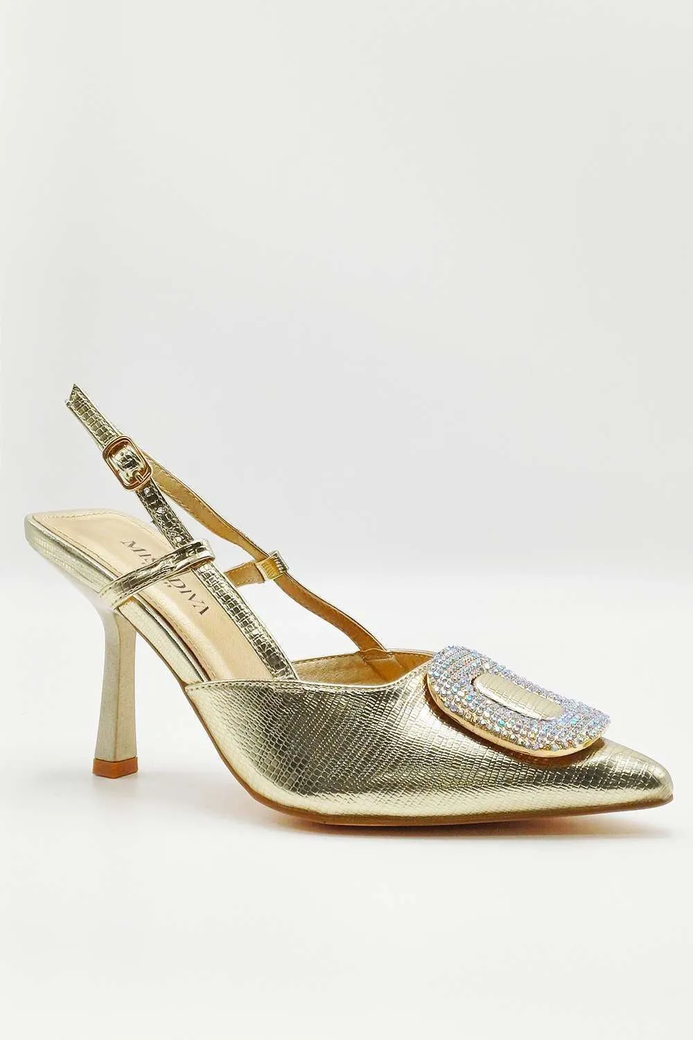 Amia Diamante Brooch Detail Slingback Court Heel in Gold