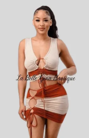 Angel Rib Knit drawstring crop top  and skirt set