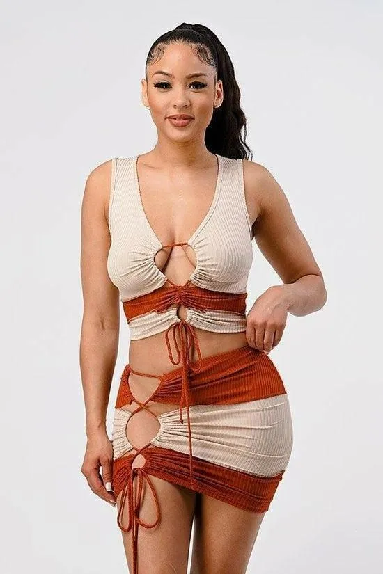 Angel Rib Knit drawstring crop top  and skirt set