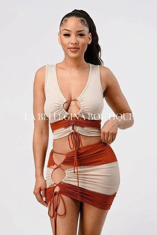 Angel Rib Knit drawstring crop top  and skirt set