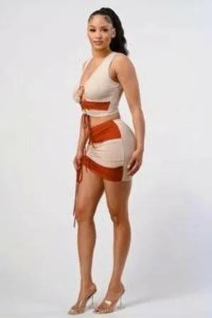 Angel Rib Knit drawstring crop top  and skirt set