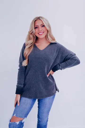 Casual Sophistication Waffle Knit Top - Black