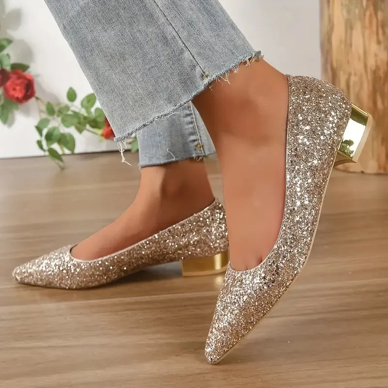 Chara - Sprankelende glamourschoenen met dikke hak en lage hak