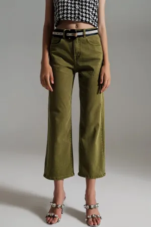 Cropped Wide Leg Jeans In Olive Green