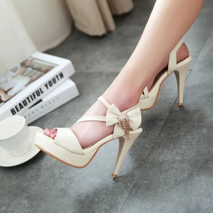 Crystal Bowknot Decoration Peep Toe Ankle Wrap High Heels Sandals