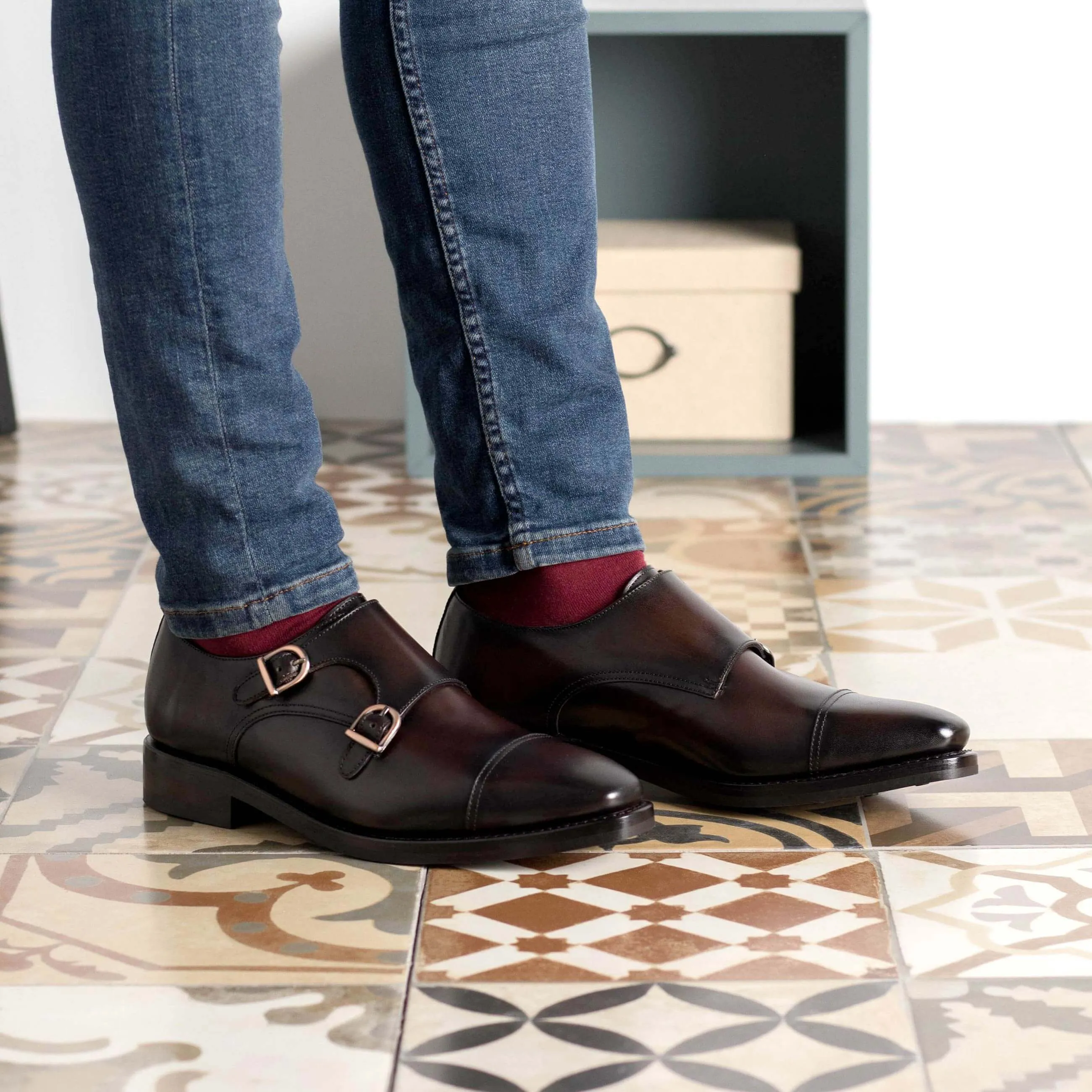 Custom Handmade Dark brown Double Monk Strap Leather Shoes.