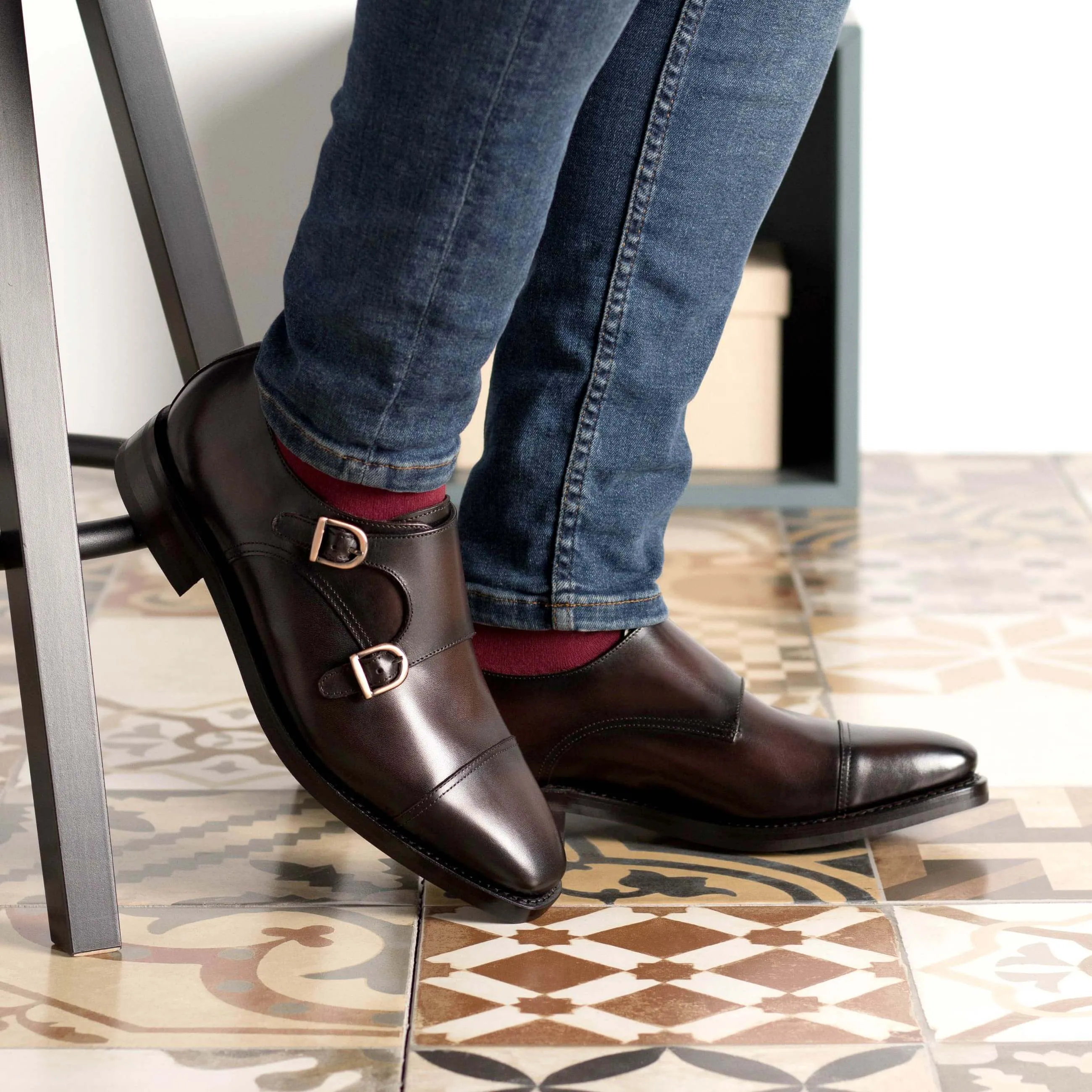 Custom Handmade Dark brown Double Monk Strap Leather Shoes.