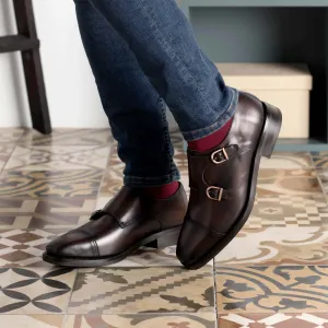 Custom Handmade Dark brown Double Monk Strap Leather Shoes.