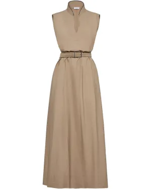 Dark Beige Sleeveless Belted Midi Dress