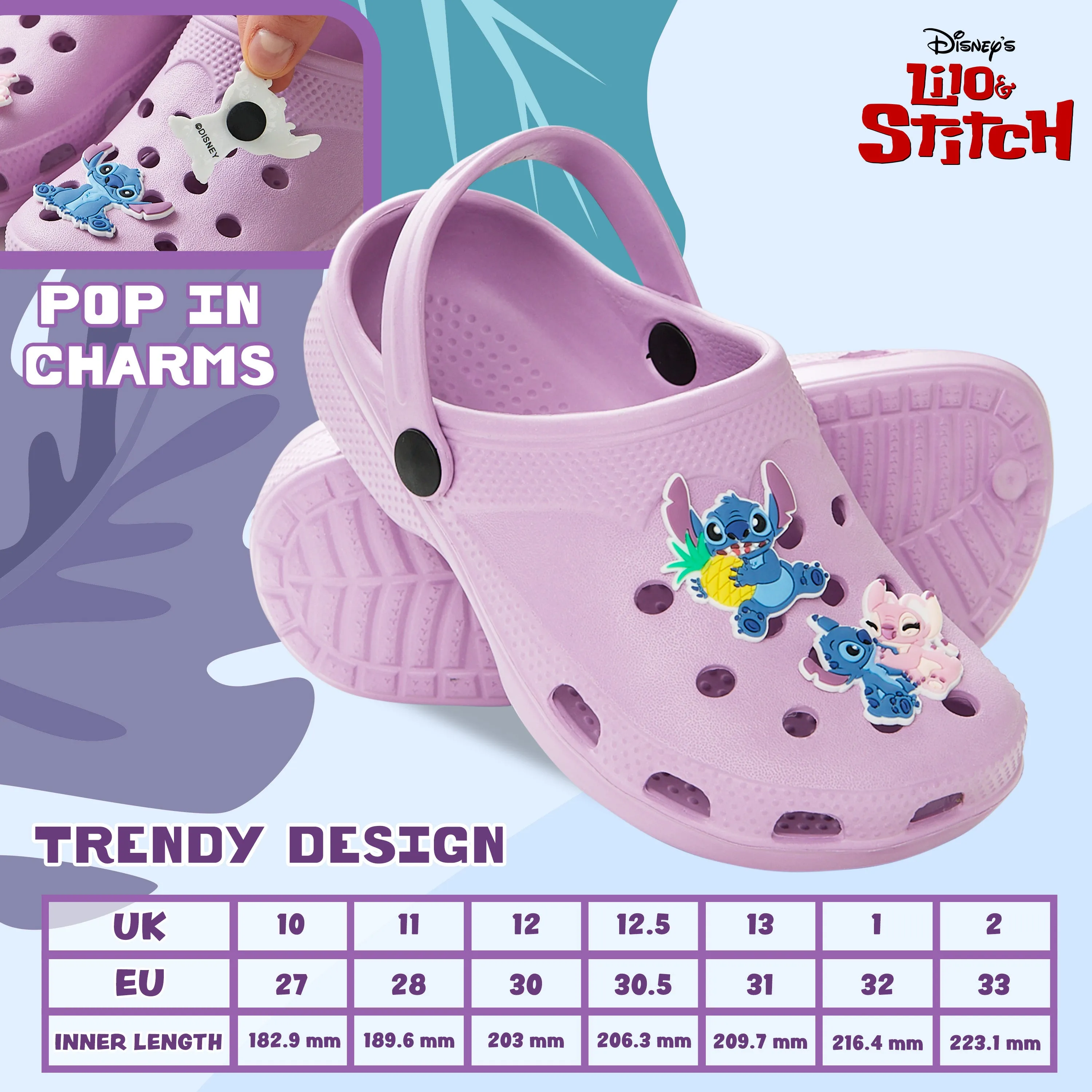 Disney Girls Clogs with Removable Rubber Charms - Stitch