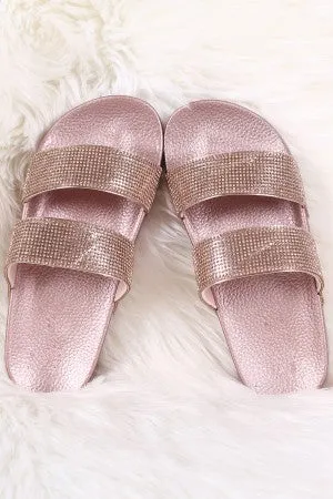 Double Rhinestone Band Open Toe Slide Sandal