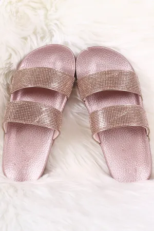 Double Rhinestone Band Open Toe Slide Sandal