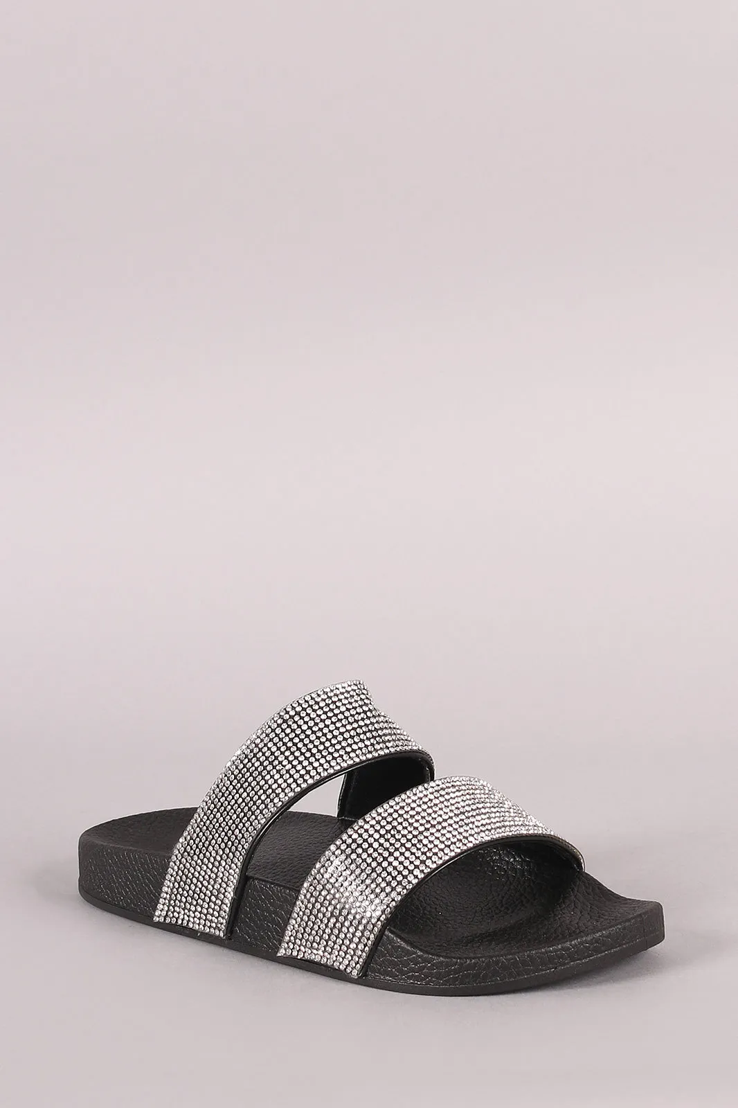 Double Rhinestone Band Open Toe Slide Sandal