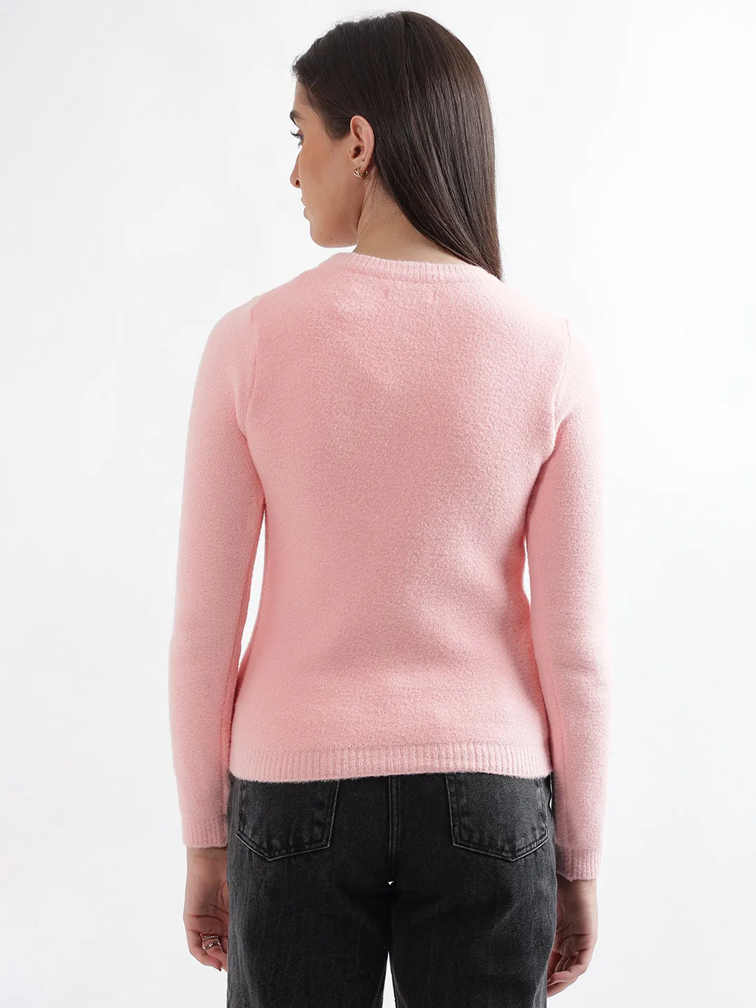 Elle Women Pink Solid Round Neck Full Sleeves Pullover Style Sweater