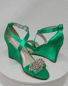 Emerald Green Wedge Bridal Shoes with Rose Gold Crystal Applique | Dyeable Shoes