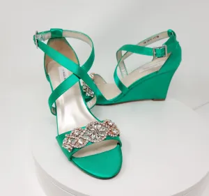 Emerald Green Wedge Bridal Shoes with Rose Gold Crystal Applique | Dyeable Shoes