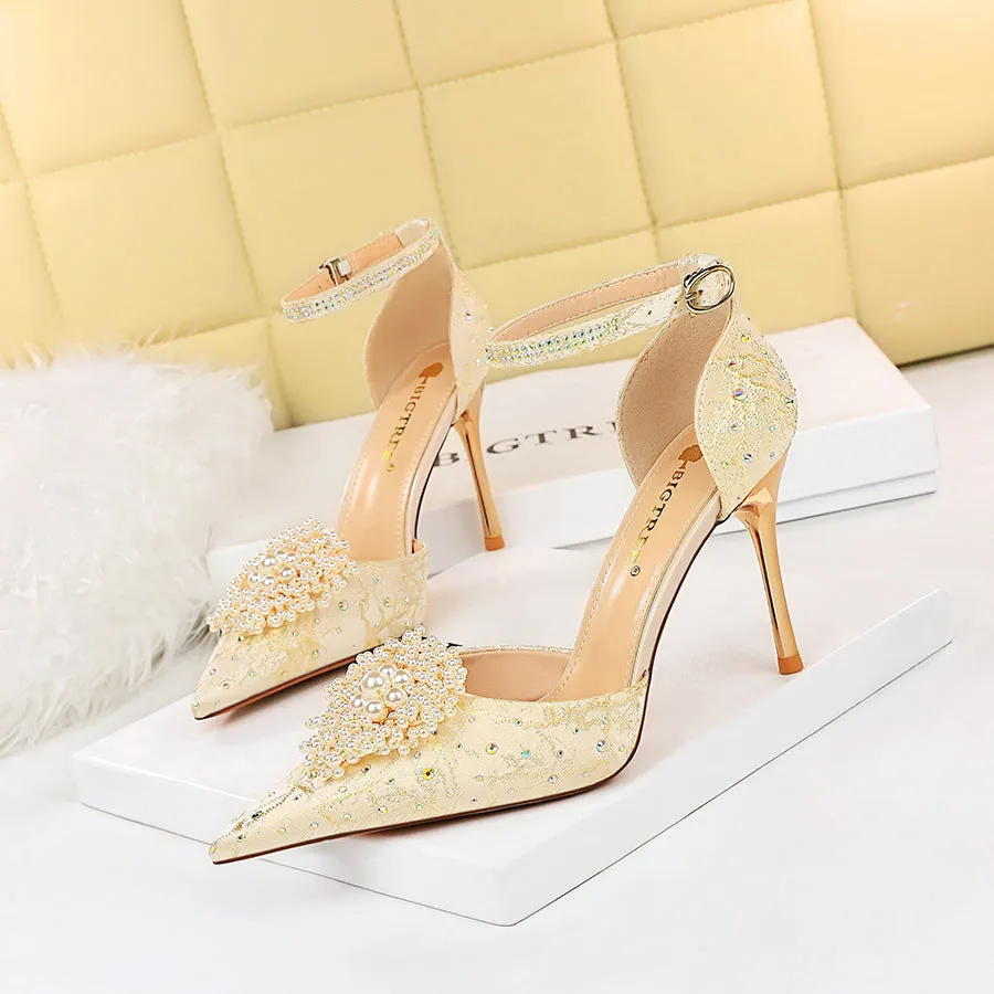 European and American Style Rhinestone Pearl Flower Embellishments High Heel Shallow Pointed Toe Sandals