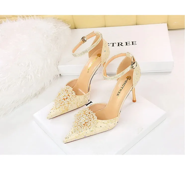 European and American Style Rhinestone Pearl Flower Embellishments High Heel Shallow Pointed Toe Sandals