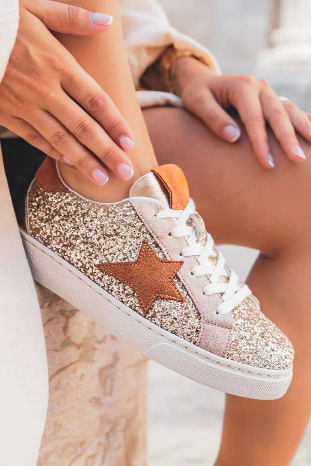 Gold Glitter Star Lace Up Sneakers