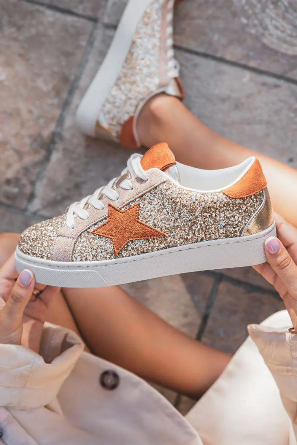 Gold Glitter Star Lace Up Sneakers