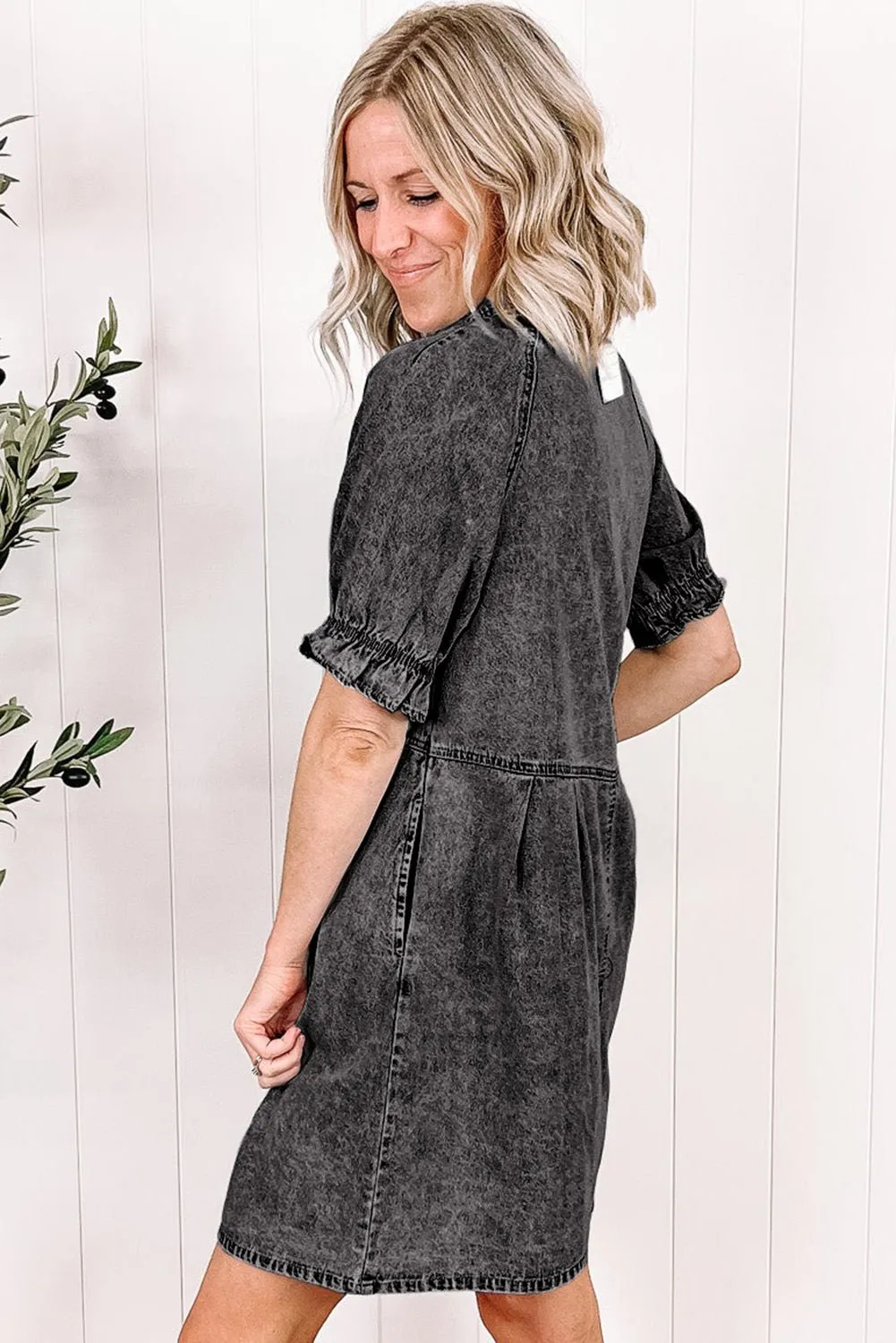 Grijze Denim jurk met Knoopjes, Ruche mouwen en Gewassen Look