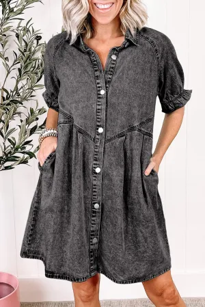 Grijze Denim jurk met Knoopjes, Ruche mouwen en Gewassen Look