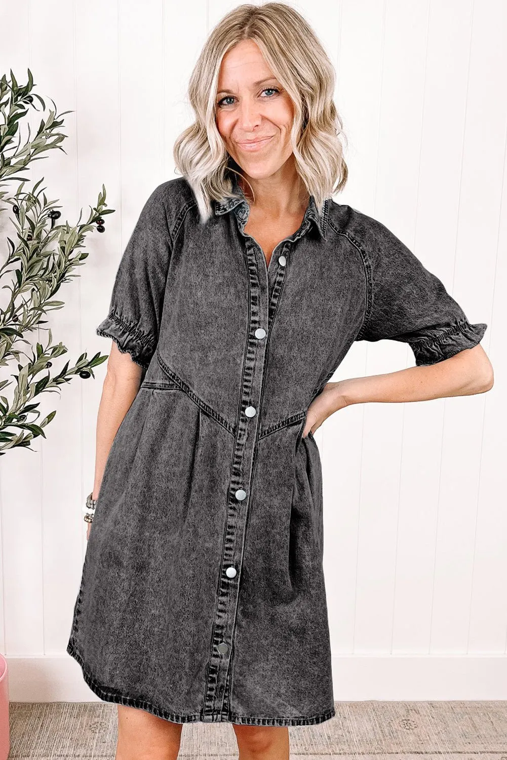 Grijze Denim jurk met Knoopjes, Ruche mouwen en Gewassen Look