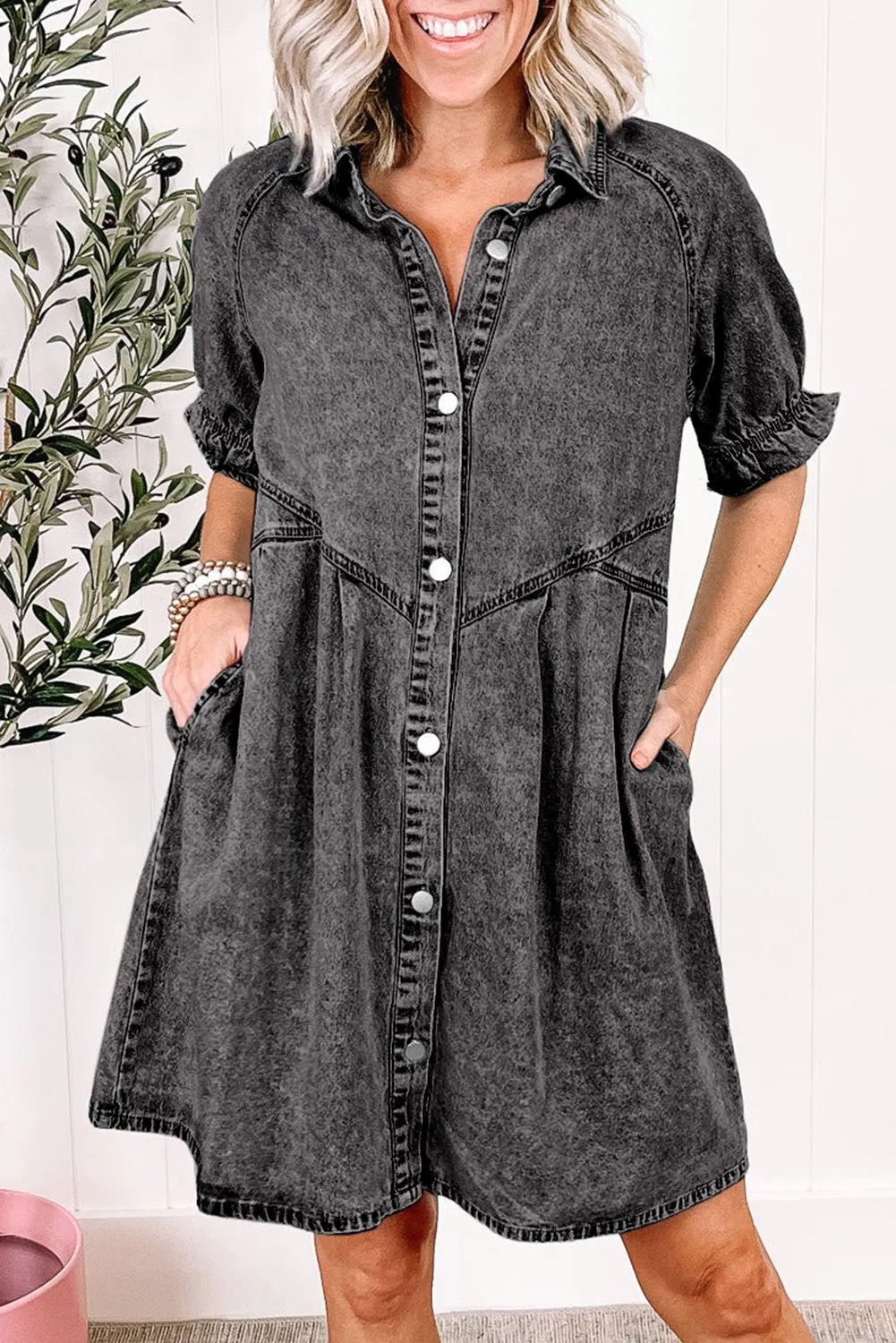 Grijze Denim jurk met Knoopjes, Ruche mouwen en Gewassen Look