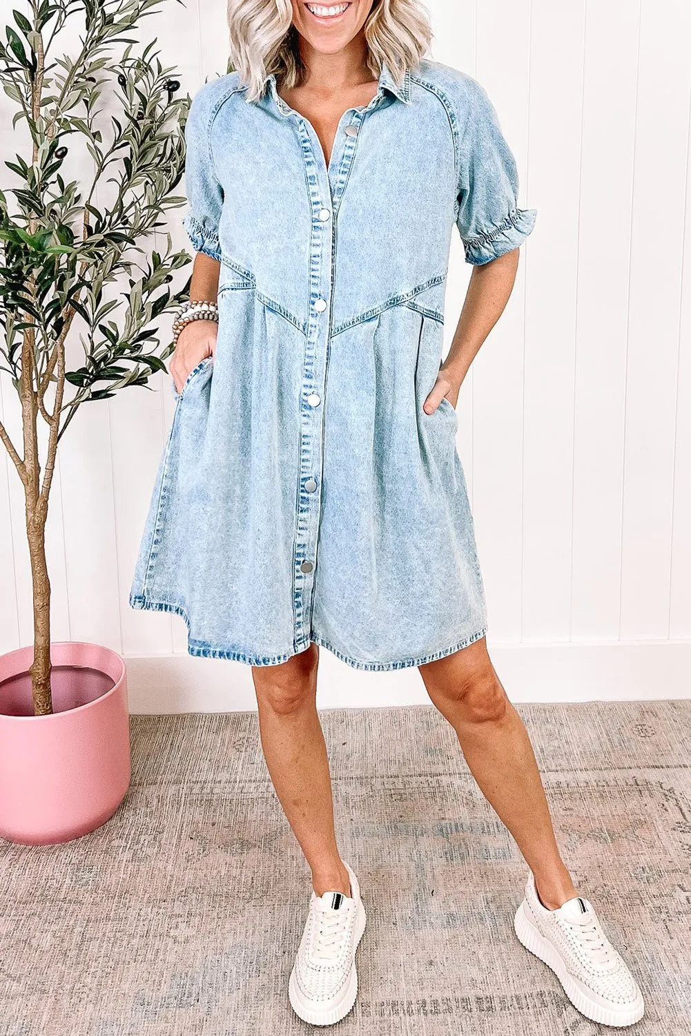 Grijze Denim jurk met Knoopjes, Ruche mouwen en Gewassen Look