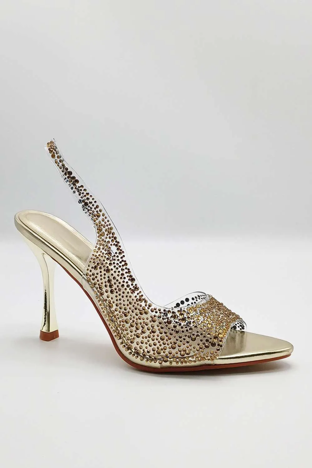 Kaia Diamante Embellished Heeled Sandals in Gold