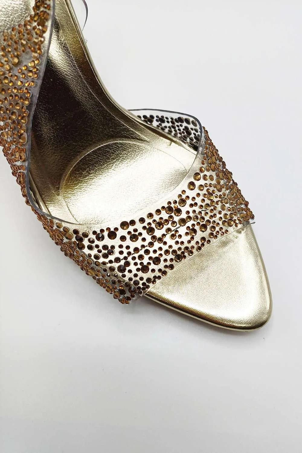 Kaia Diamante Embellished Heeled Sandals in Gold