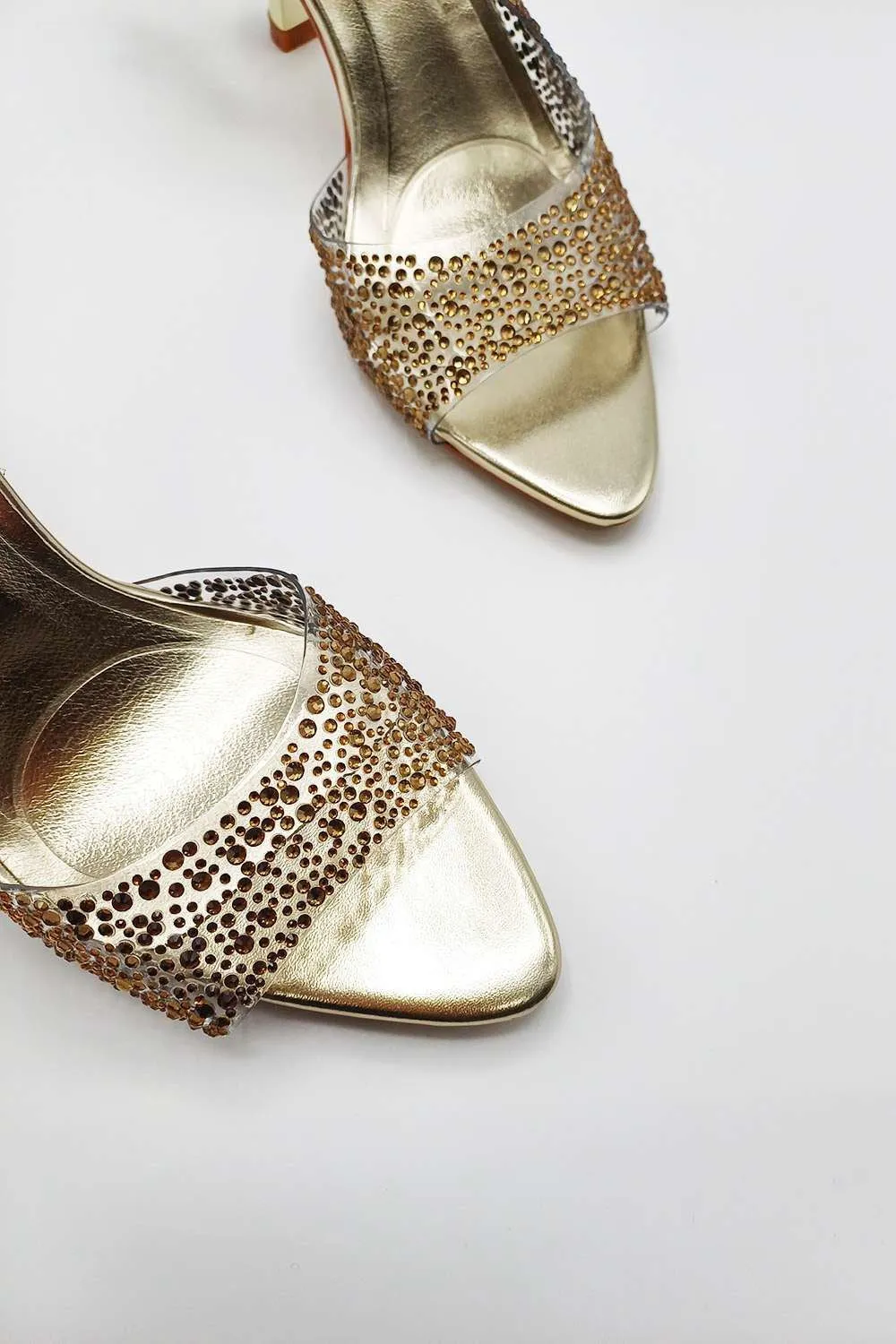 Kaia Diamante Embellished Heeled Sandals in Gold