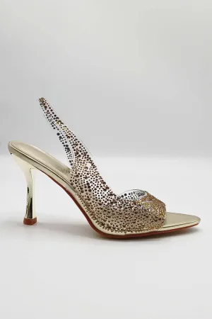 Kaia Diamante Embellished Heeled Sandals in Gold