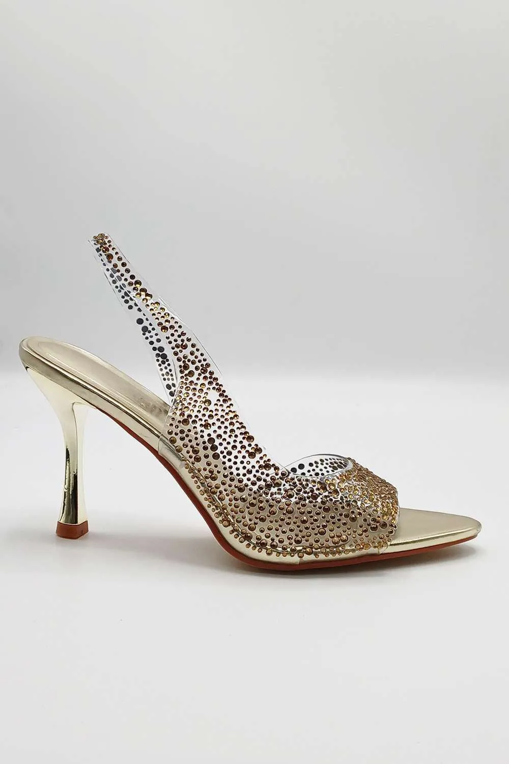 Kaia Diamante Embellished Heeled Sandals in Gold