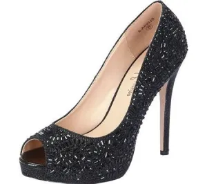 Lauren Lorraine Black Sparkle Elissa 2 Open Toe Formal Platform Dress Pumps