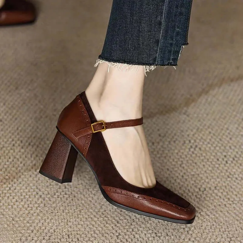 Leather Block Heel Sandals with Buckle