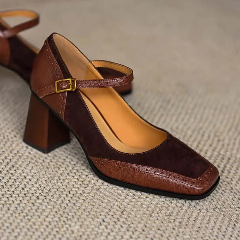 Leather Block Heel Sandals with Buckle