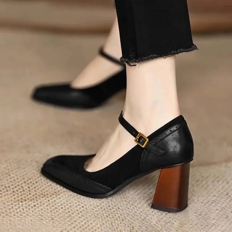 Leather Block Heel Sandals with Buckle