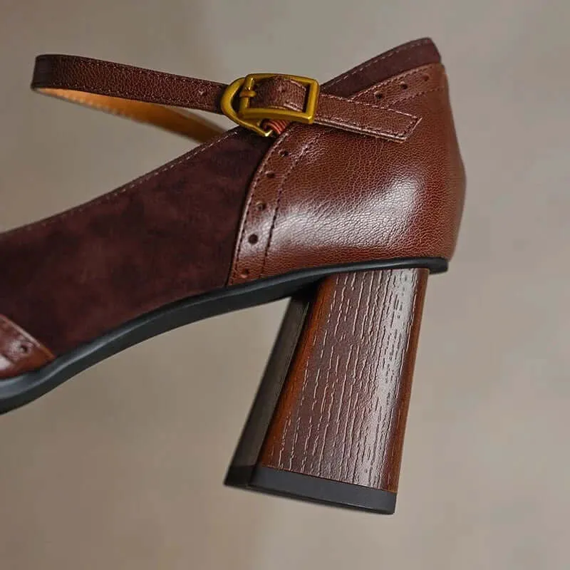 Leather Block Heel Sandals with Buckle