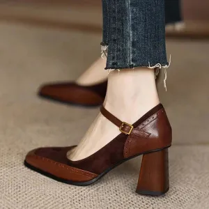 Leather Block Heel Sandals with Buckle