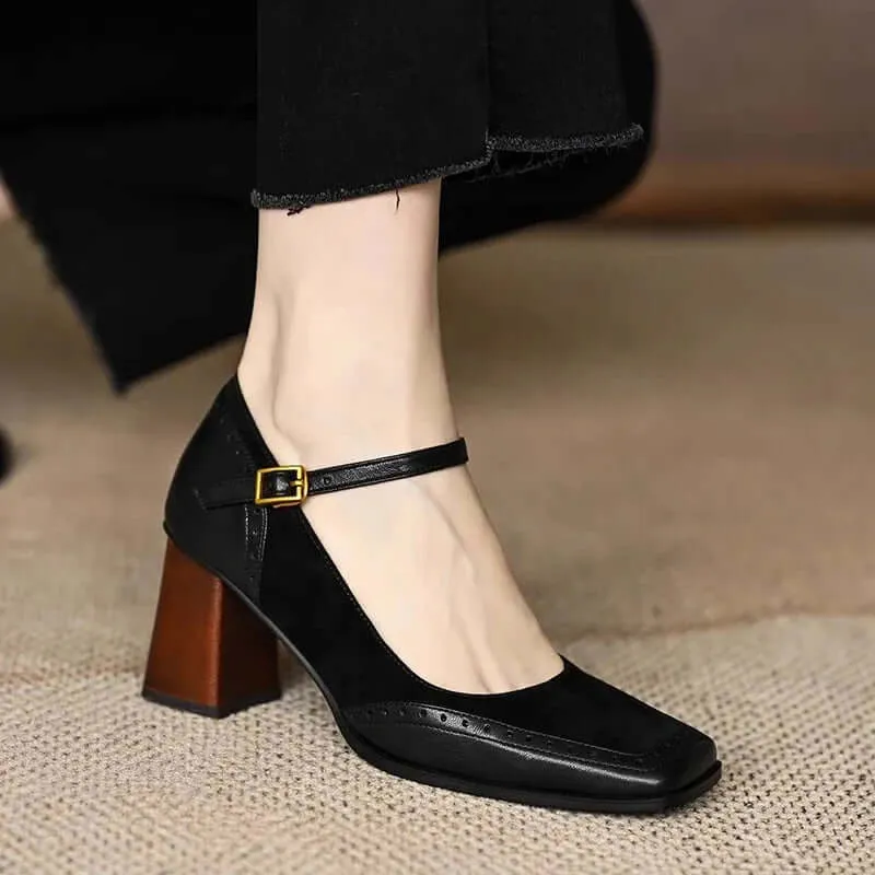Leather Block Heel Sandals with Buckle